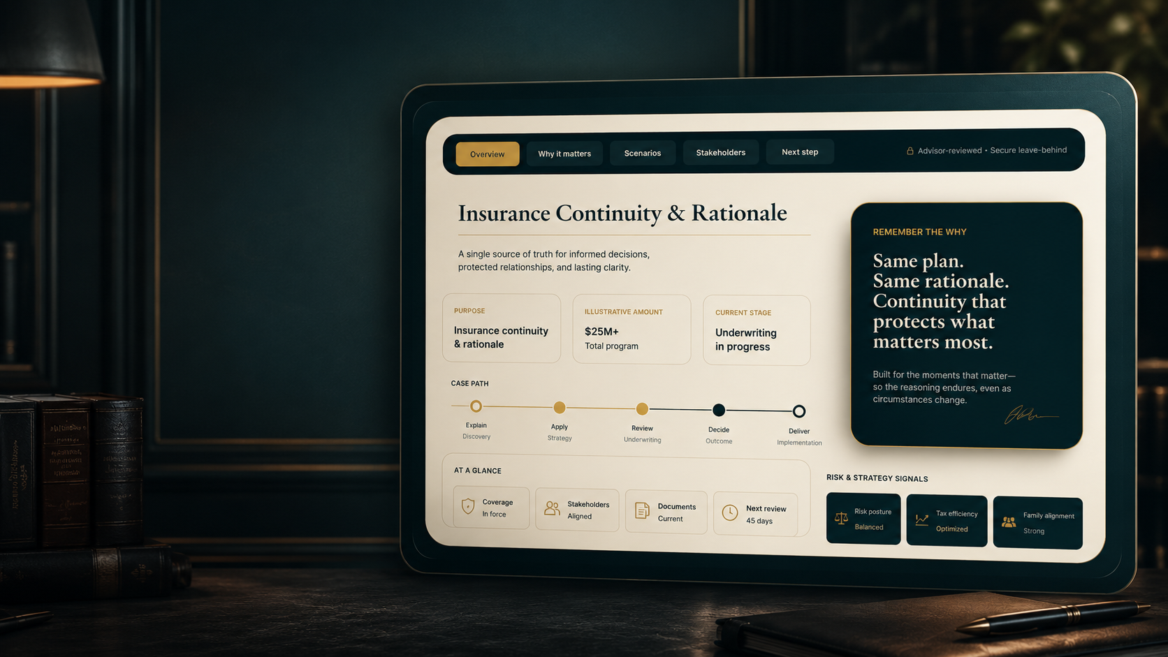Complex Insurance Advisor dashboard for case memory showing insurance continuity & rationale dashboard in dark academia styled advisor office. Complex Insurance Advisor dashboard for case memory showing insurance continuity & rationale dashboard in dark academia styled advisor office.