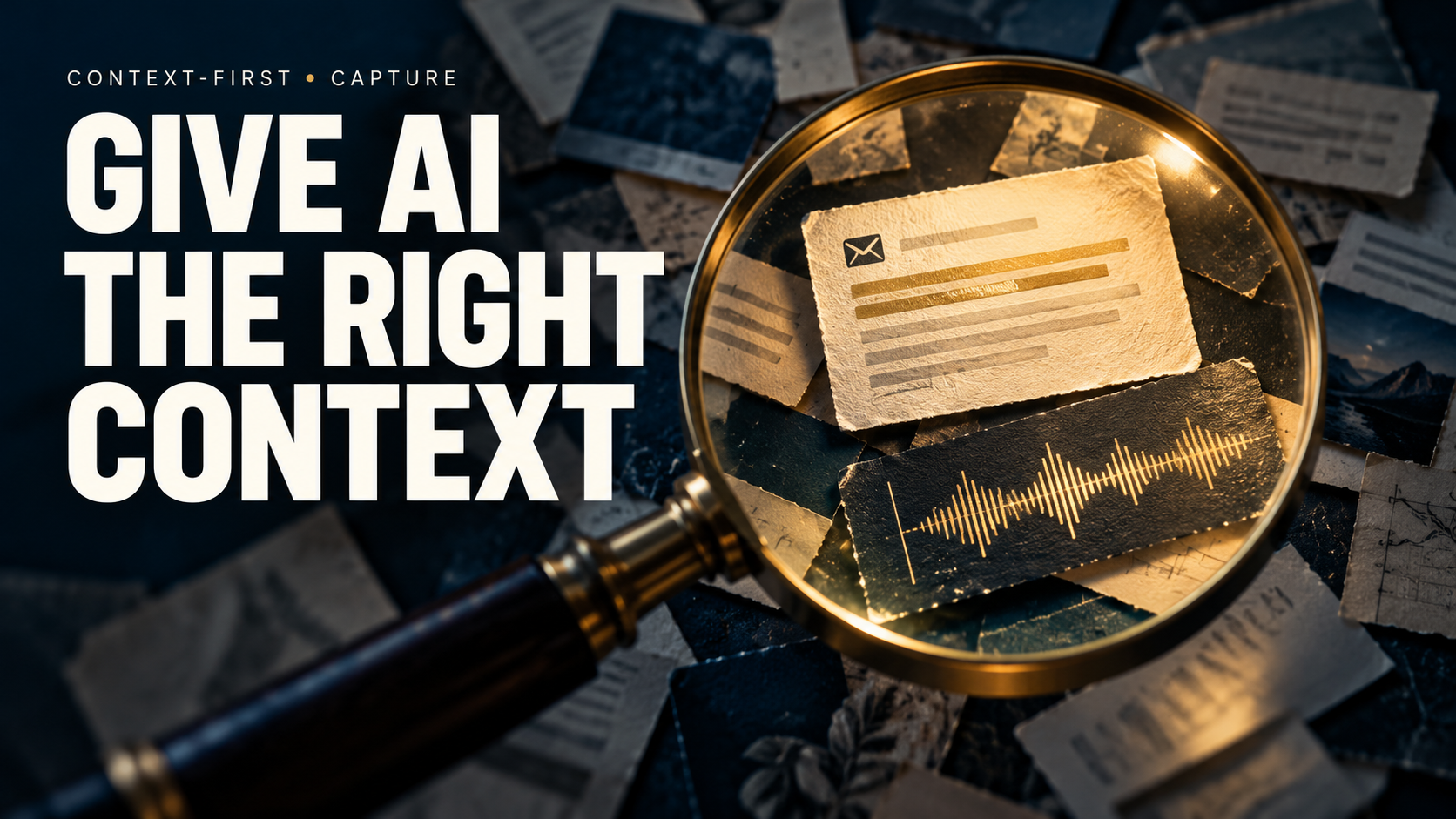 Give AI the right context: a magnifying glass highlights email and audio examples for the Capture stage of the Context-First AI Method.